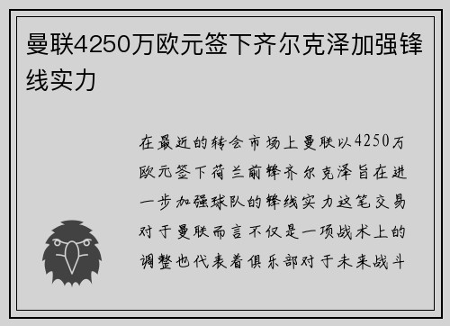 曼联4250万欧元签下齐尔克泽加强锋线实力