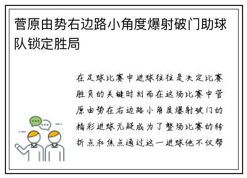 菅原由势右边路小角度爆射破门助球队锁定胜局