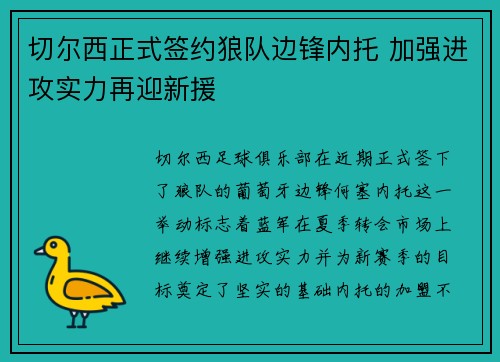 切尔西正式签约狼队边锋内托 加强进攻实力再迎新援